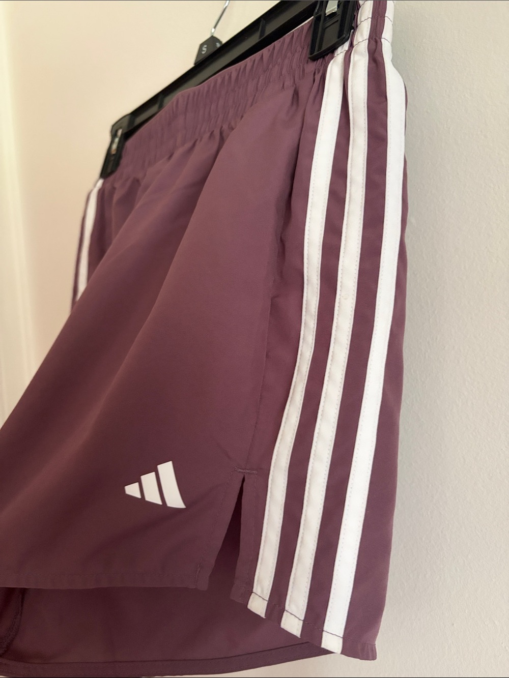 adidas Women's Athletic Shorts in Burgundy with White Stripes - Picture 4 of 5